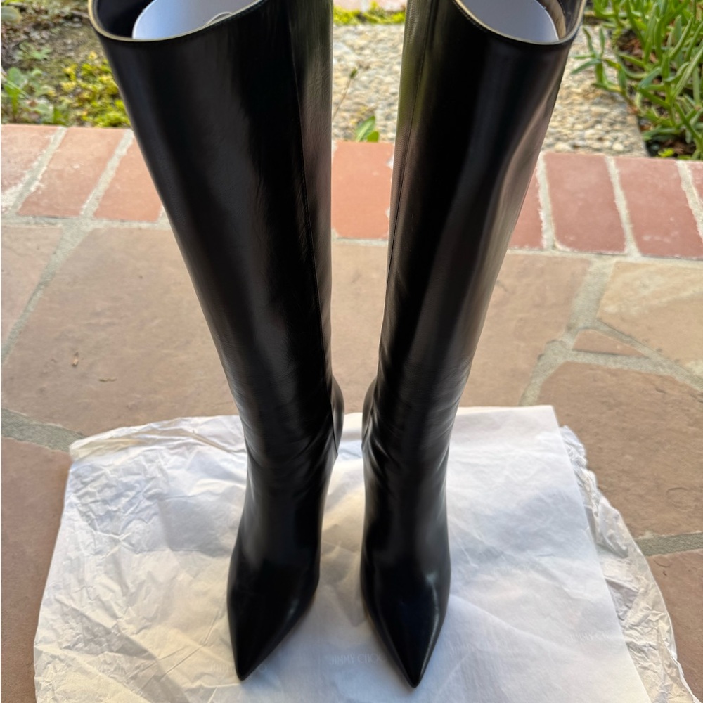 Jimmy Choo Black Leather Pointy-Toe Knee-High Boots